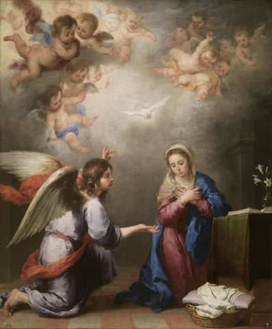 The Annunciation -  Bartolome Esteban Perez Murillo - Christian Art Religious 17th Century Painting by Bartolome Esteban Murillo
