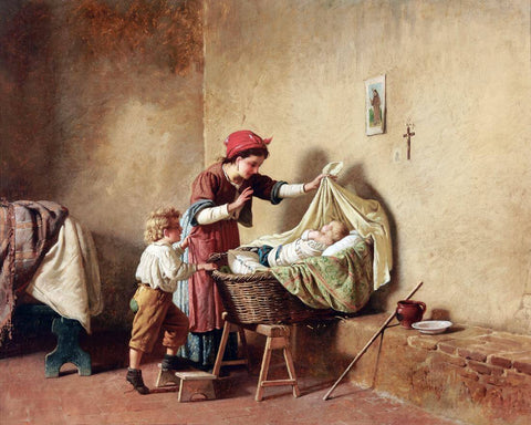 The Cradle - Gaetano Chierici - 19th Century European Domestic Interiors Painting - Canvas Prints