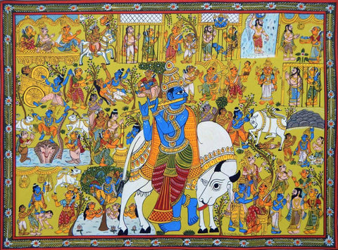The Story Of Krishna - Cheriyal Scroll Painting - Large Art Prints by Tallenge