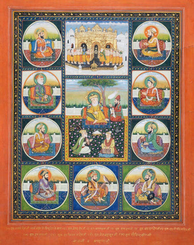 The Ten Sikh Gurus And The Golden Temple At Amritsart - Punjab School 19th Century Vintage Sikh Art Painting - Posters