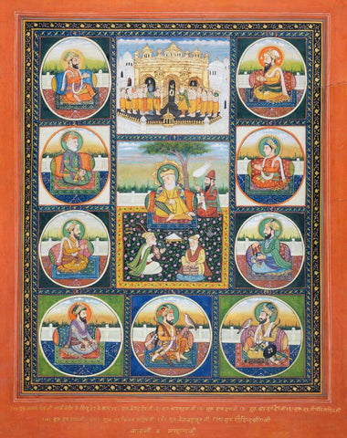 The Ten Sikh Gurus And The Golden Temple At Amritsart - Punjab School 19th Century Vintage Sikh Art Painting - Art Prints