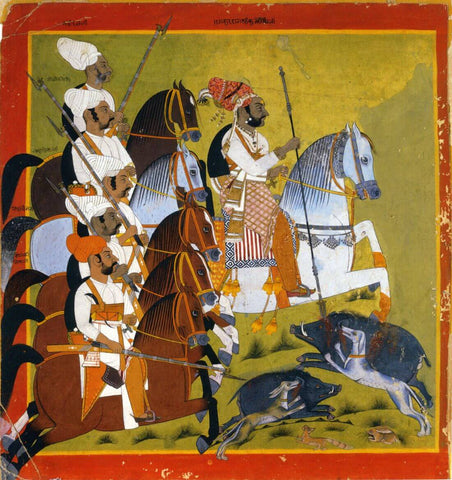 The Thakur Kuber Singh And Five Horsemen Hunting Wild Boars - Marwari Miniature - C.1770 - Vintage Indian Miniature Art Painting by Miniature Vintage