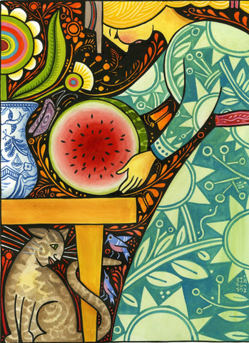 The Cat And The Watermelon - Large Art Prints by Christopher Noel