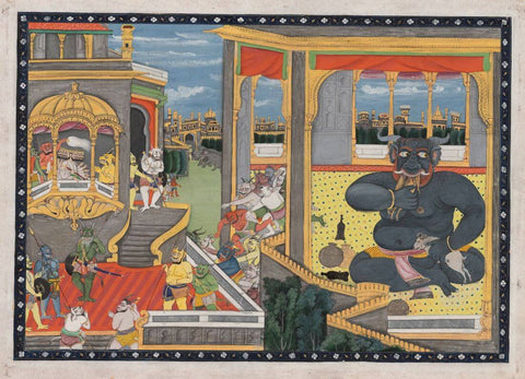 The Giant Kumbhakarna is Awakened – A Leaf from the Ramayana - Pahari Painting, Mid-19th century - Framed Prints by Kritanta Vala
