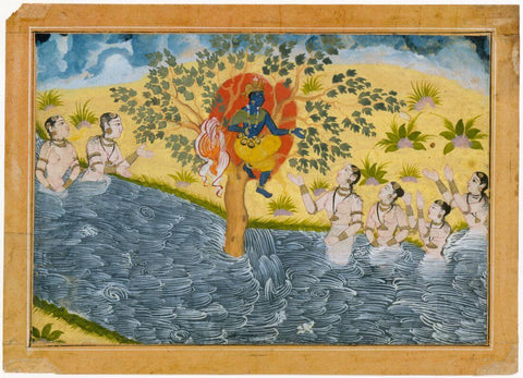 The Gopis Plead with Krishna to Return Their Clothing - Mewari Painting c1610 - Vintage Indian Miniature Art Painting - Large Art Prints by Krishna Artworks