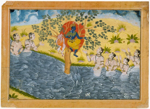The Gopis Plead with Krishna to Return Their Clothing - Mewari Painting c1610 - Vintage Indian Miniature Art Painting by Krishna Artworks