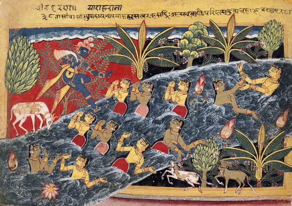 The Gopis Plead with Krishna to Return Their Clothing - Framed Prints