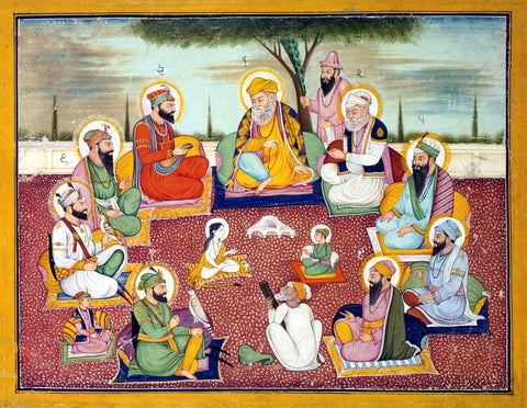 The Ten Holy Sikh Gurus with Guru Nanak Dev at Center by Akal