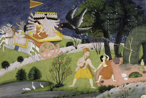 The abduction by Ravana and Jatayu trying to save Sita - Chamba style 18th century - Vintage Indian Art Ramayana Painting by Kritanta Vala