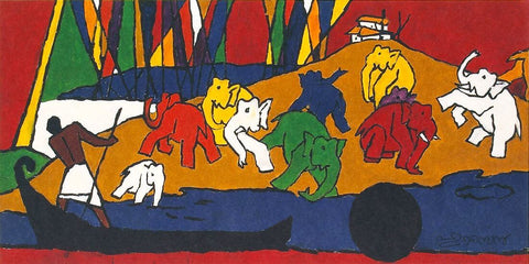 Thekadi Elephants (Kerala Series) - M F Husain - Painting - Canvas Prints