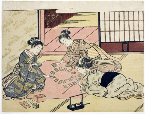 Three Japanese Women With Sakkō Hairstyle  Playing Card Games - Suzuki Harunobu - Japanese Woodblock Painting by Suzuki Harunobu