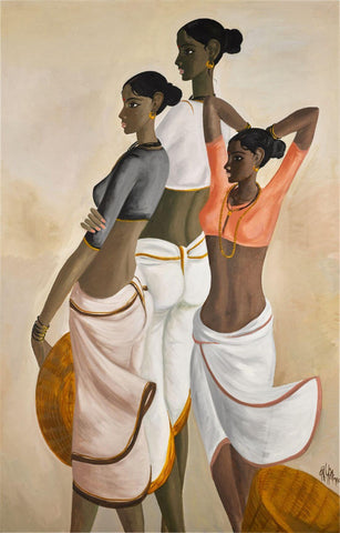 Three Women - B Prabha - Indian Art Painting by B. Prabha
