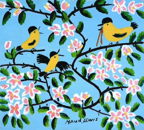 Three Yellow Birds - Maud Lewis - Folk Art Painting - Large Art Prints by Maud Lewis