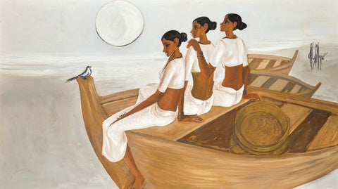 Three Fisherwomen On A Boat by B. Prabha