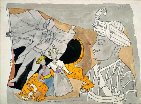 Tiger Tipu Sultans Sons Held Hostage by Cornwallis - Maqbool Fida Husain Painting - Large Art Prints by M F Husain