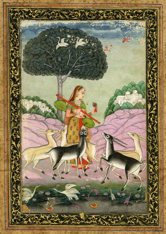 Todi Ragini Her Music Attracts Does And Bucks - 15Th Century -  Vintage Indian Miniature Art Painting by Miniature Vintage