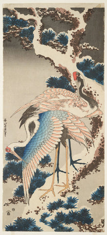 Two Cranes On A Snow-covered Pine Tree - Katsushika Hokusai - Classic Japanese Painting c1834 - Framed Prints