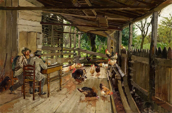 Two Hunters Resting By The Chicken Coop (Zwei Jäger bei der Rast im Hühnerstall) - Hugo Mühlig - Art Prints
