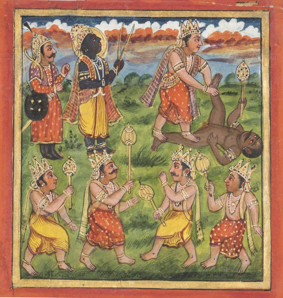 Two Jain Tirthankaras, Bhima Killing Jalasandra And A Tantric Figure Of Ganesh - 19Th Century -  Vintage Indian Miniature Art Painting - Life Size Posters