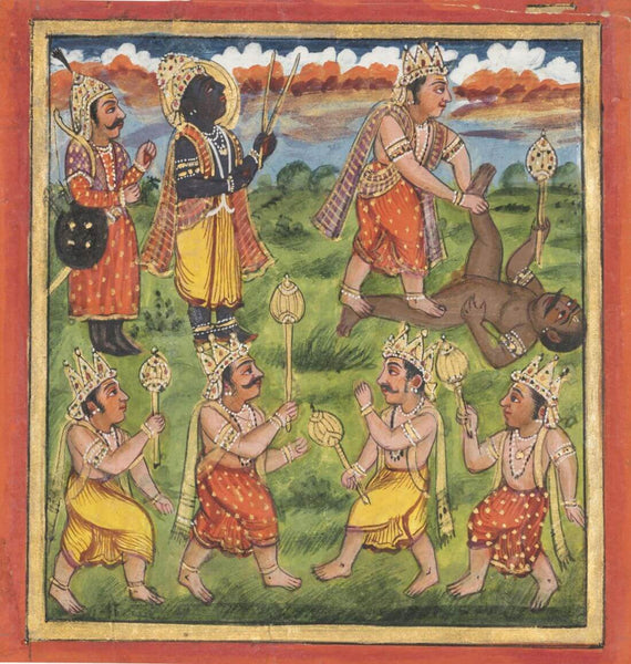 Two Jain Tirthankaras, Bhima Killing Jalasandra And A Tantric Figure Of Ganesh - 19Th Century -  Vintage Indian Miniature Art Painting - Large Art Prints