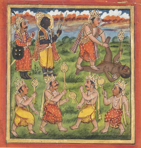 Two Jain Tirthankaras, Bhima Killing Jalasandra And A Tantric Figure Of Ganesh - 19Th Century -  Vintage Indian Miniature Art Painting - Art Prints
