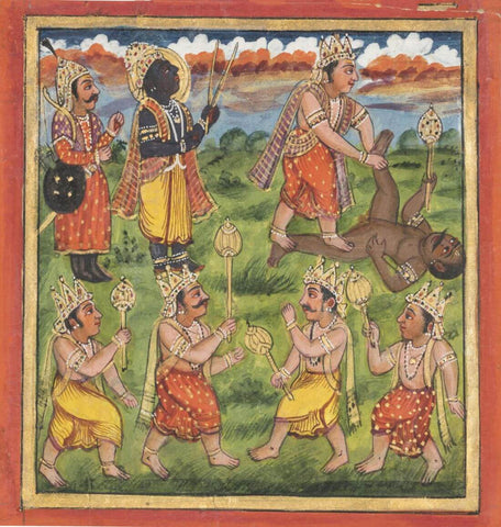 Two Jain Tirthankaras, Bhima Killing Jalasandra And A Tantric Figure Of Ganesh - 19Th Century -  Vintage Indian Miniature Art Painting by Miniature Vintage