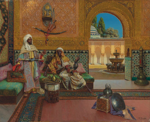 Two Warriors In The Alhambra Palace The Court of Lions - Rudolph Ernst - Orientalist Art Painting - Art Prints