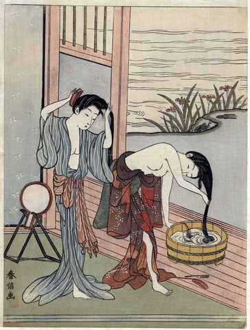Two Women Bathing - Suzuki Harunobu - Japanese Ukiyo Woodblock Painting - Framed Prints