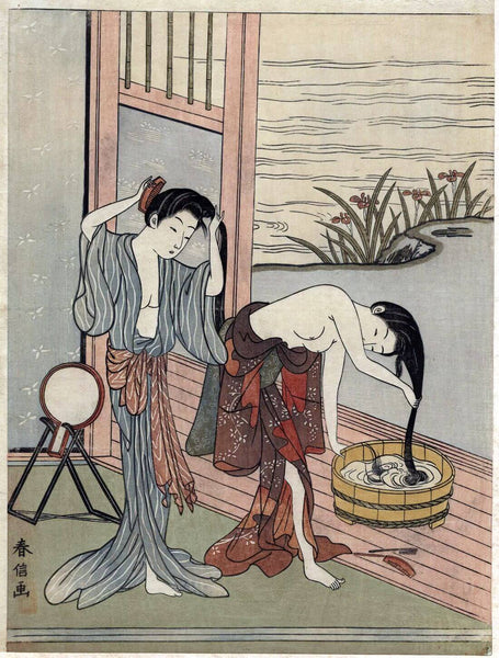 Two Women Bathing - Suzuki Harunobu - Japanese Ukiyo Woodblock Painting - Life Size Posters