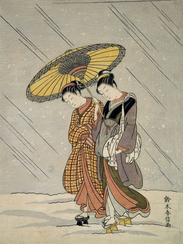 Two Women In A Storm - Suzuki Harunobu - Japanese Ukiyo Woodblock Painting by Suzuki Harunobu