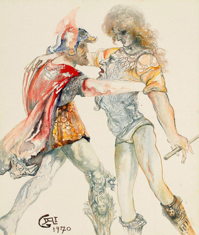 Ulysses and his son Telemachus (Color Ink Sketch) - Salvador Dalí Art Painting by Salvador Dali
