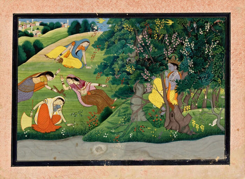 Krishna Fluting to the Milkmaids - Kangra - Indian Vintage Miniature Art Painting by Tallenge Store