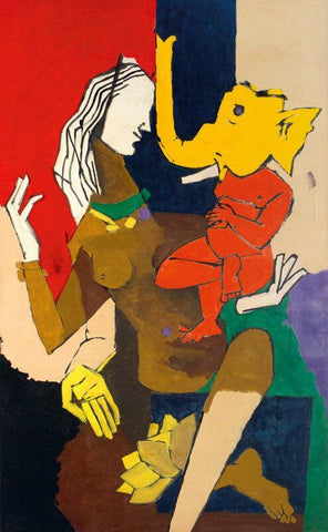 Untitled - (Lady With Ganesha) - Canvas Prints by M F Husain