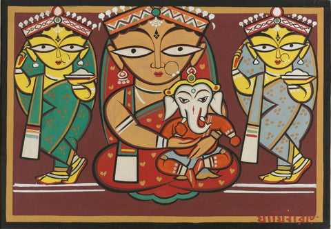 Untitled (Parvati And Ganesh With Attendants) - Canvas Prints by Jamini Roy
