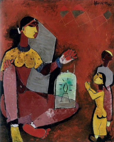 Untitled (Woman with Lamp) - Canvas Prints by M F Husain