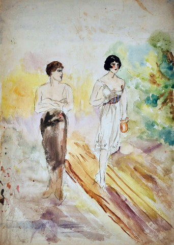 Watercolour On Paper Man And Woman - Amrita Sher-Gil - Indian Art Painting by Amrita Sher-Gil