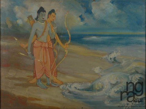 Upendra Maharathi - Sagar Surrenders At The Feet Of Shri Rama - Framed Prints by Kritanta Vala