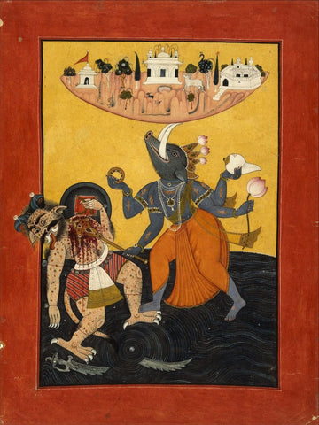 Indian Miniature Art - Varaha - Large Art Prints by Kritanta Vala