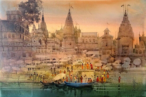 Varanasi Ghat - Indian Painting - Canvas Prints by Shriyay