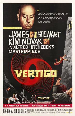 Vertigo - James Stewart - Alfred Hitchcock - Classic Hollywood Movie Vintage Poster by Hitchcock