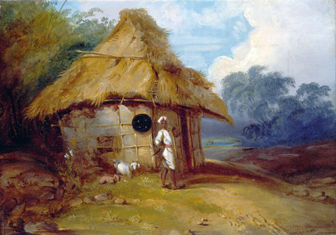 View in Southern India, with a Warrior Outside his Hut - George Chinnery - c 1815 - Vintage Orientalist Painting of India - Framed Prints