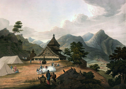Views in the Himala Mountains Temple of Mangnee - James Baillie Fraser - c 1825 Vintage Orientalist Paintings of India by James Baillie Fraser