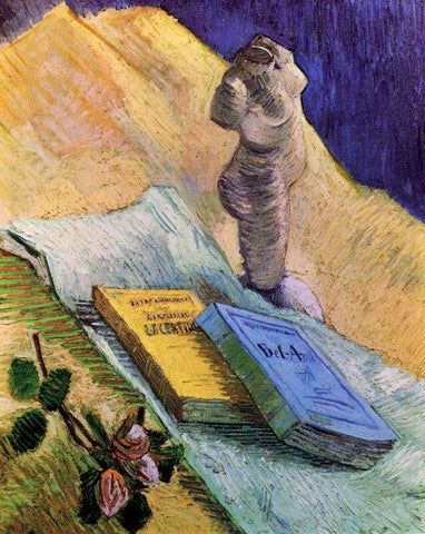Still Life With Plaster Statuette A Rose And Two Novels - Large Art Prints by Vincent Van Gogh