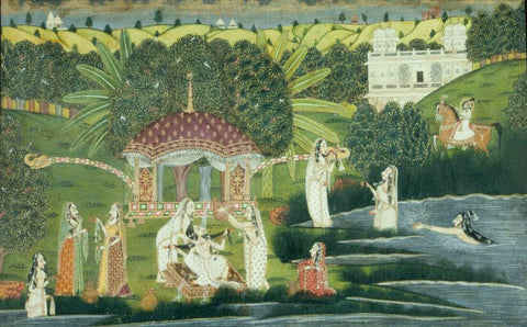 Bani Thani Bathing At Pholl Sagar Palace - C.1810-1820- Vintage Indian Miniature Art Painting by Miniature Vintage