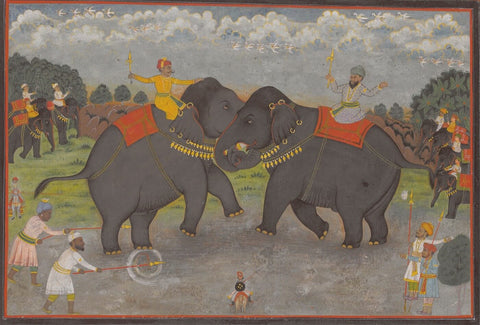 Indian Miniature Art - Elephant Fight - Large Art Prints by Kritanta Vala