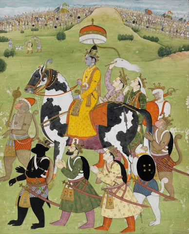 Vintage Indian Art - Ramayana - Rama Returns in Victory to Ayodhya - Pahari Kangra Painting - 18 Century - Large Art Prints by Kritanta Vala
