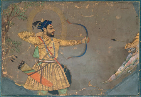 Indian Miniature Art - Sultan Adil Shah slays A Tiger - Large Art Prints by Kritanta Vala