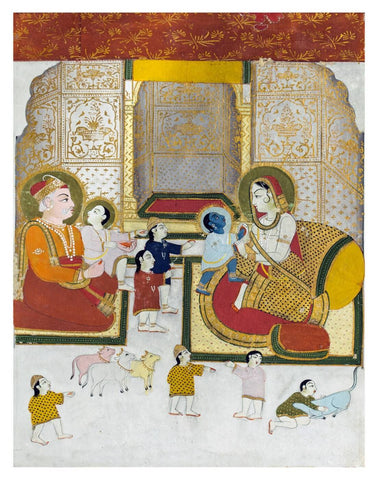 Vintage Indian Art - Yashoda and Nanda with the infants Krishna and Balarama - Jaipur School 1830 - Indian Miniature Painting - Framed Prints by Jai