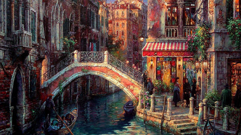 Vintage Painting Of Bridge And Canal In Venice - Framed Prints