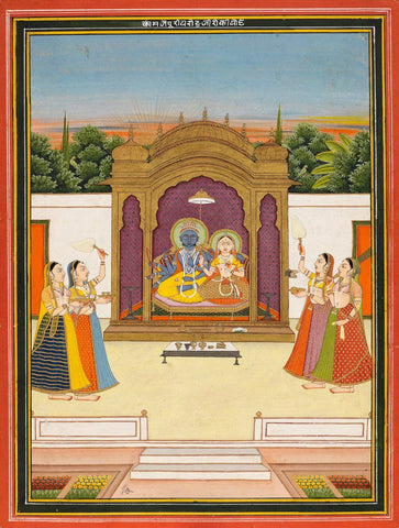 Vishnu And Consort  - Jaipur - C1810- Vintage Indian Miniature Art Painting - Framed Prints by Miniature Vintage